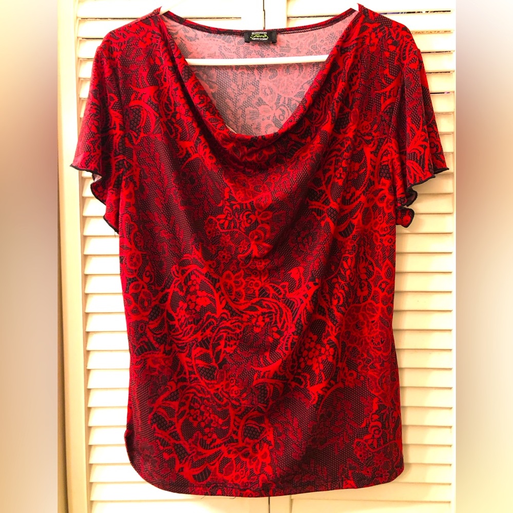 Women’s Short sleeve, red and black blouse.